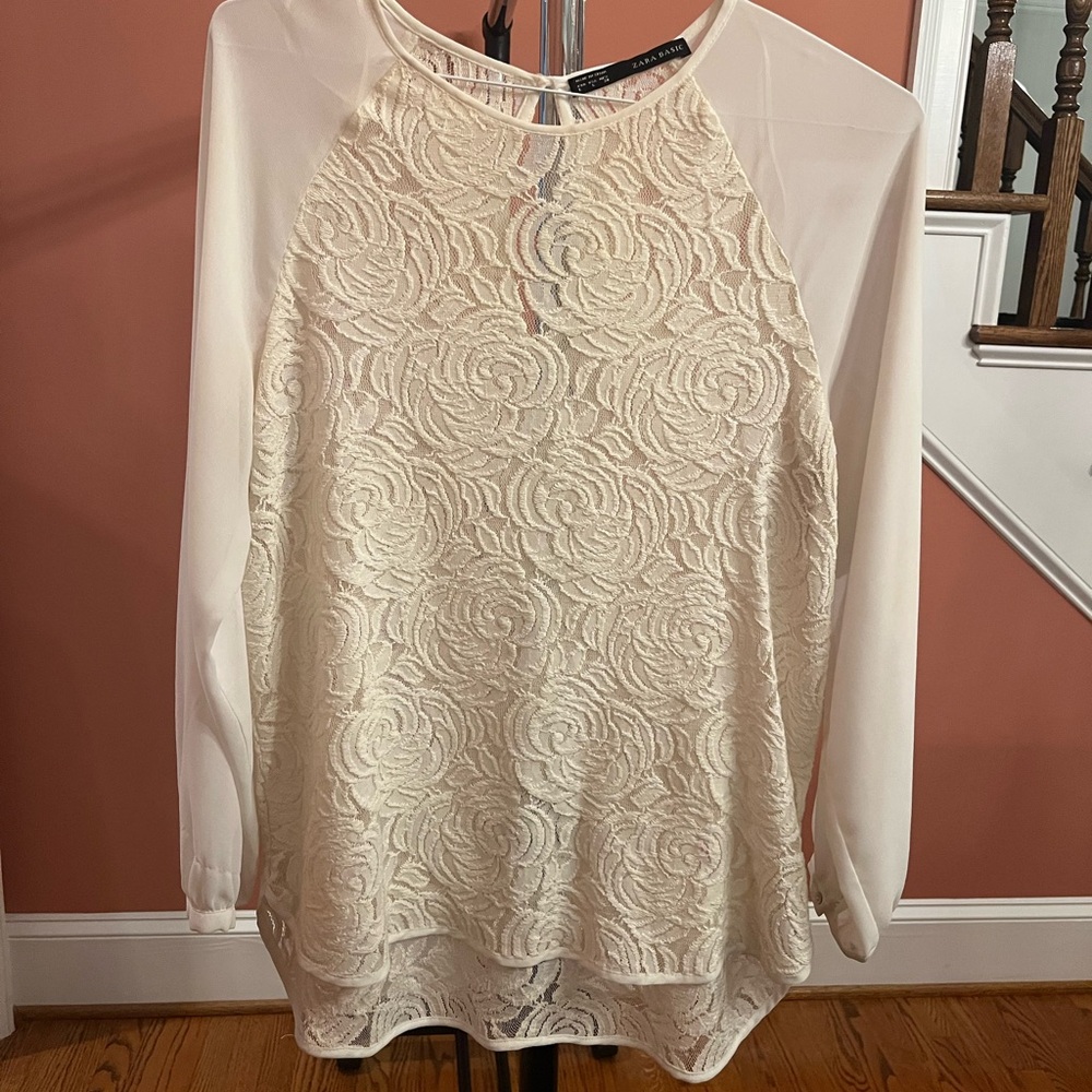 Zara Cream Graphic Long Sleeve Blouse